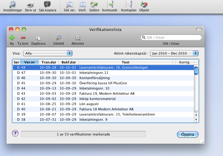 Verifikationslista i StepOne Bokföring 5 för Mac OS X